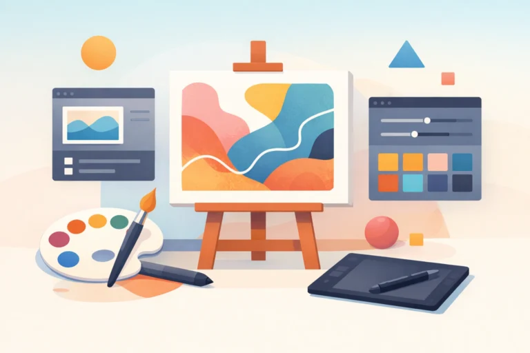Flat vector illustration of a modern digital art platform with abstract canvas, tools, and UI panels.