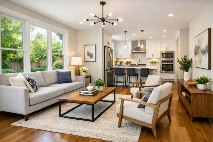 Bright, modern living room and kitchen with stylish furniture, natural light, and recent renovations.