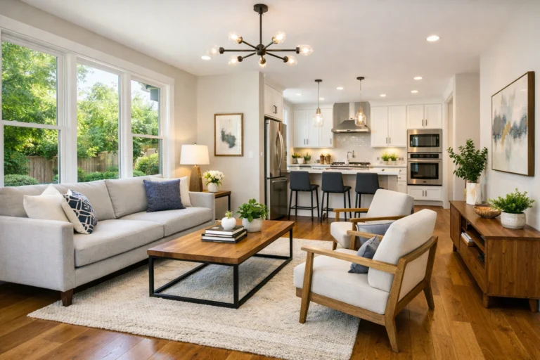 Bright, modern living room and kitchen with stylish furniture, natural light, and recent renovations.