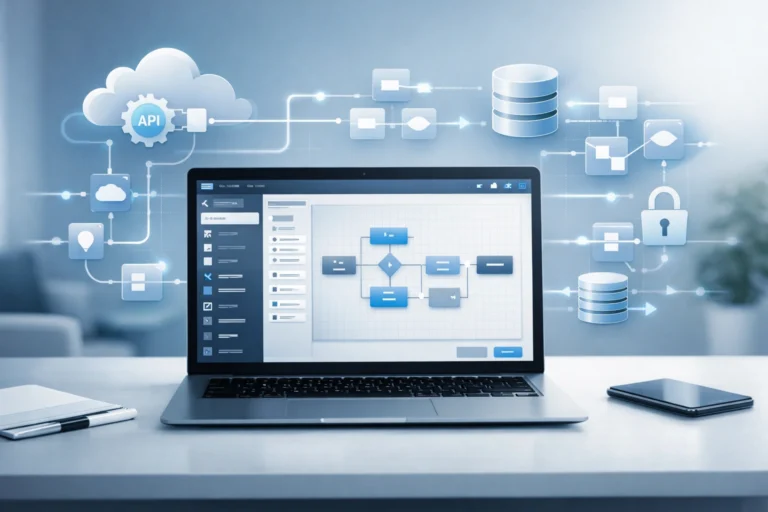 Modern no-code app builder interface on a laptop with Microsoft-style cloud integrations and workflow visuals.