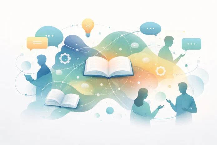Abstract illustration showing people, open books, and connected speech bubbles symbolizing shared knowledge and collaboration.