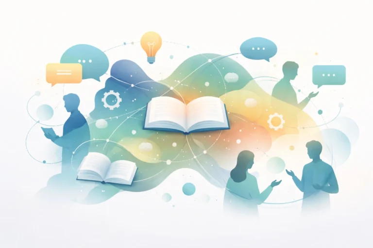 Abstract illustration showing people, open books, and connected speech bubbles symbolizing shared knowledge and collaboration.