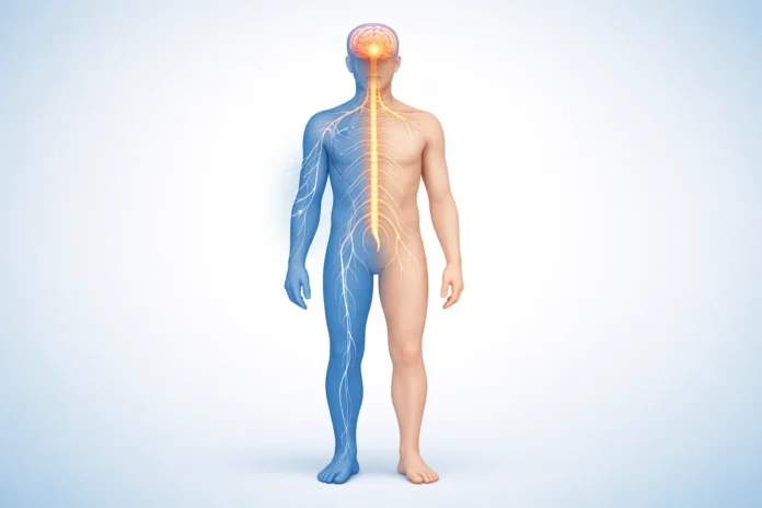 Medical illustration of human figure showing nerve damage and limb paralysis from brain to spinal cord.