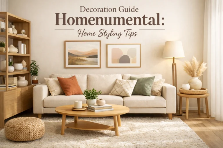 Cozy minimalist living room with neutral sofa, wooden furniture, soft lighting, and warm decor