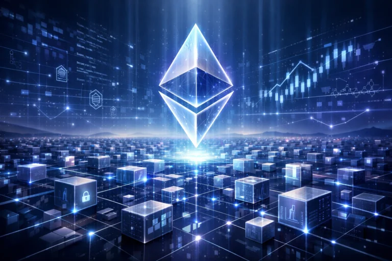 Futuristic Ethereum logo above interconnected blockchain network with data nodes, code, glowing grid.