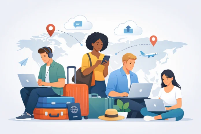 Illustration of remote professionals traveling with laptops, suitcases, and global location icons in a modern style.