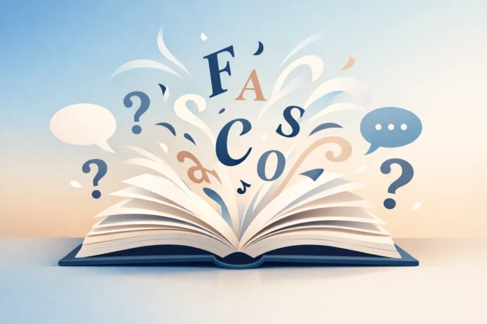Open book with floating letters, question marks, and speech bubbles symbolizing word meanings.