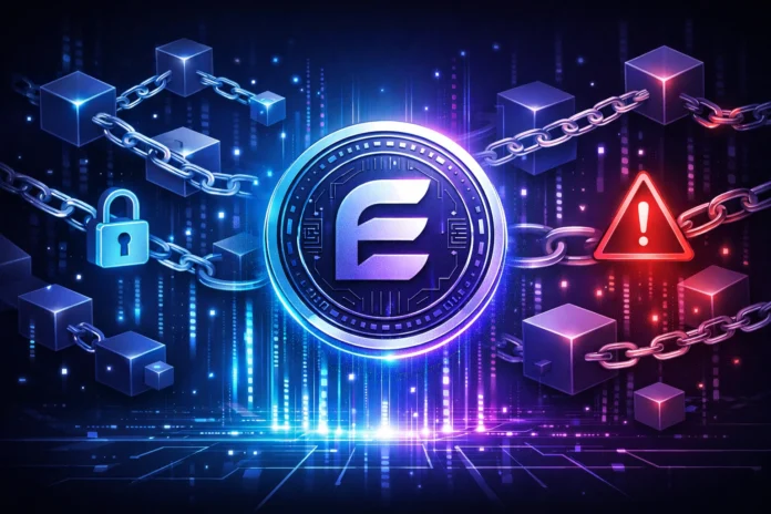 Futuristic crypto illustration showing a glowing digital coin, blockchain chains, security lock, and warning symbol.