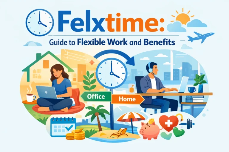 Illustration of flexible work showing home and office setups, clocks, and benefits icons illustrated.