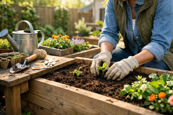 Gardener planting seedlings in raised beds with tools nearby in a sunlit spring home garden yard scene.