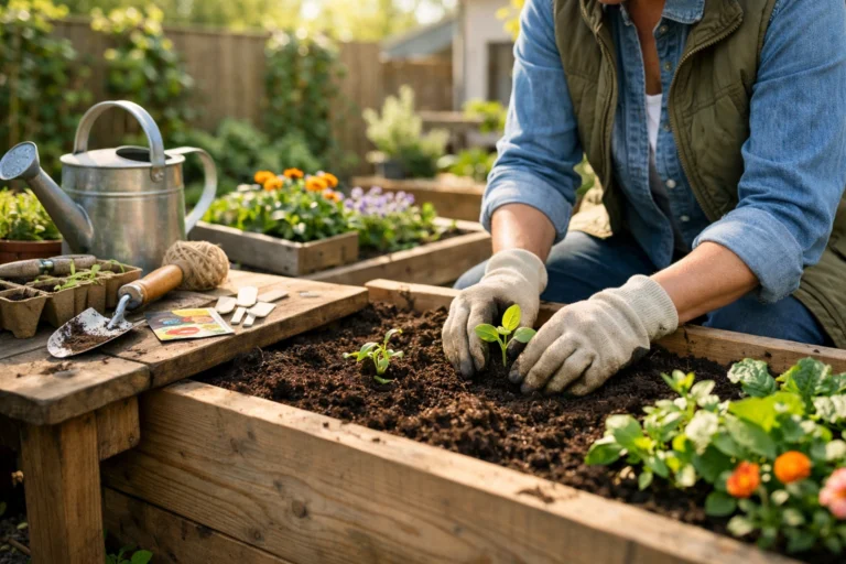 Gardener planting seedlings in raised beds with tools nearby in a sunlit spring home garden yard scene.