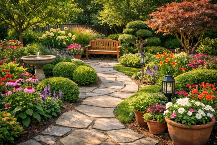 A beautifully landscaped garden with a stone path, colorful flowers, shrubs, and a wooden bench.