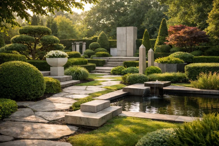 A serene homenumental-style garden with sculpted plants, stone paths, and soft sunlight.