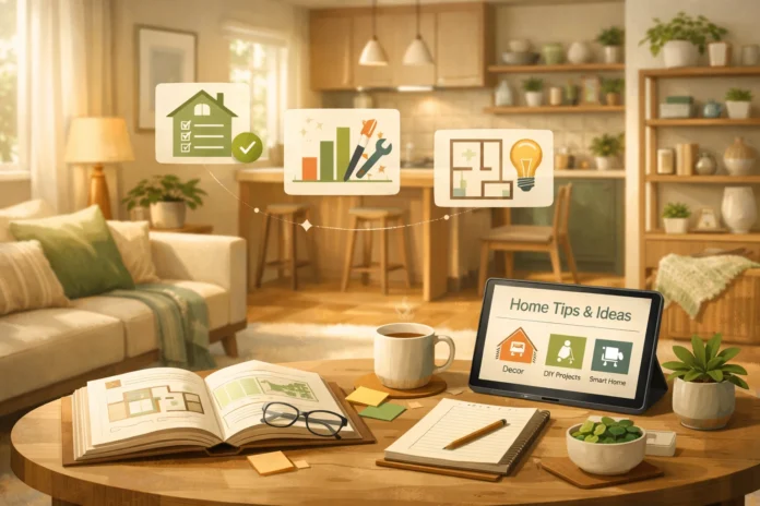 Warm, stylish modern home interior with cozy decor, books, tablets, and subtle home guide elements.