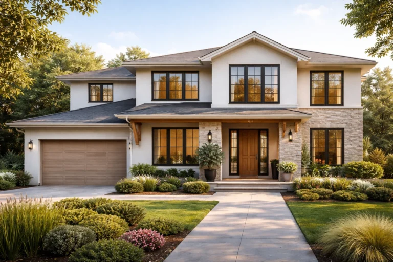 Modern family home exterior with clean lines, large windows, neutral tones, and landscaped greenery in soft daylight.