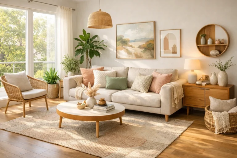 Sunlit modern living room with cozy sofa, coffee table, indoor plants, and warm, inviting decor.