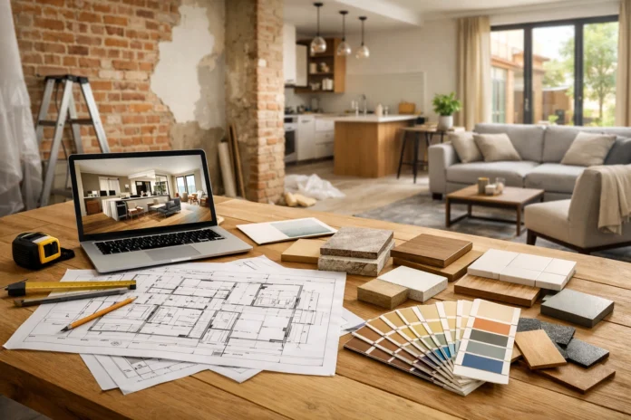 Modern living space mid-renovation with blueprints, laptop, material samples, and natural light showing home design planning steps.