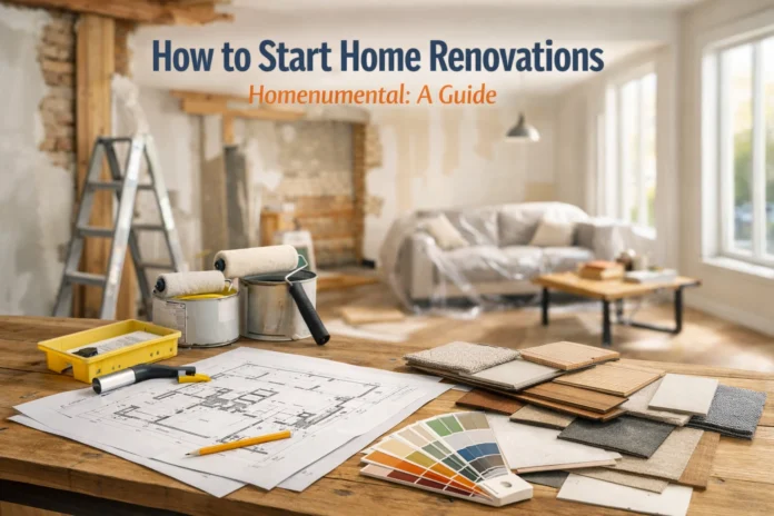 Bright modern living room mid-renovation with blueprints, tools, and material samples in natural daylight.