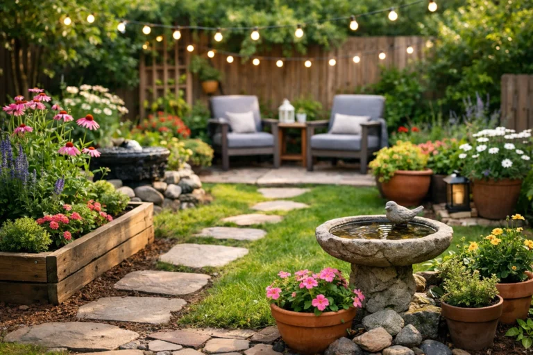 Cozy backyard garden with flower beds, pathways, seating area, and decorative outdoor elements.