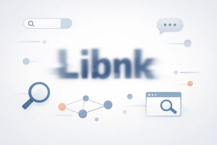 Abstract illustration showing blurred word “Libnk” with search icons, magnifying glass, and connected nodes on a light background.