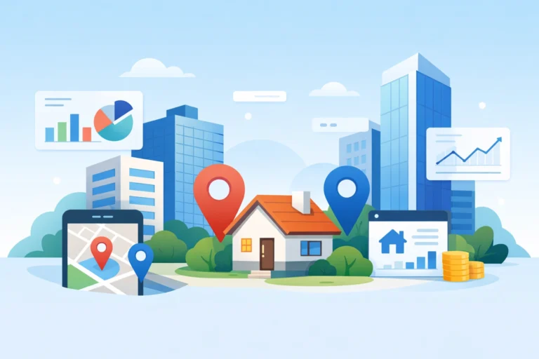Flat illustration of modern buildings, a house, location pins, charts, and real estate interface.