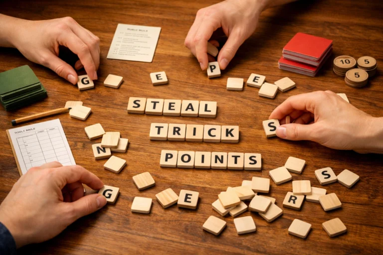 Friends playing a word tile game on a wooden table, hands reaching for letters in a warm, cozy indoor setting.