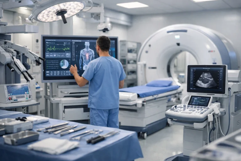 Biomedical technician reviews patient data on advanced imaging equipment in a modern hospital lab.