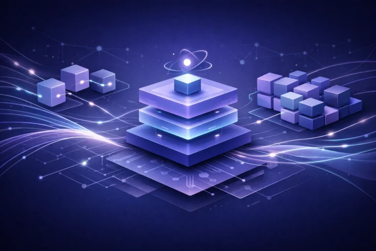 Abstract layered tech blocks with glowing data lines, showing a modern system architecture concept.