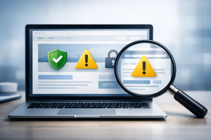 Laptop showing website security checks with shield icons and magnifying glass in a digital workspace.
