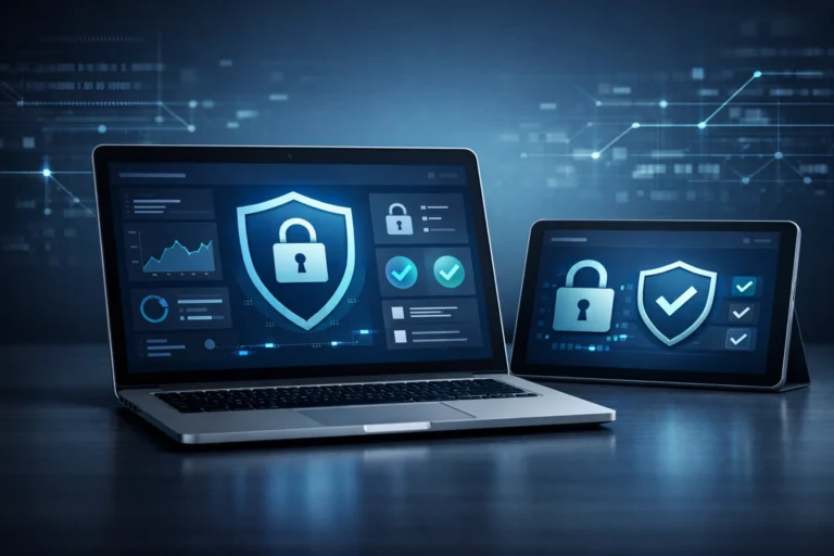 Laptop and tablet displaying a cybersecurity dashboard with shield icons on a blue digital background.
