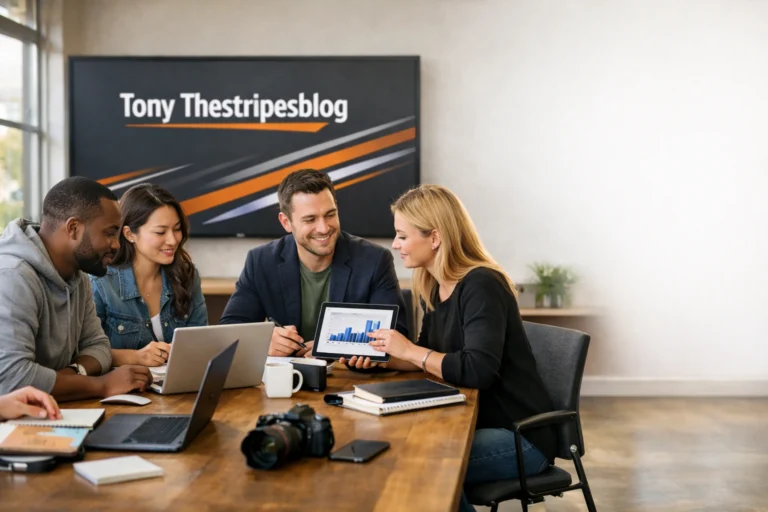 Editorial photo of a modern content team collaborating in a workspace for a sports lifestyle blog.