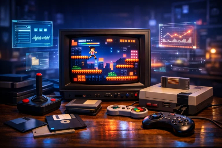 Retro gaming setup with CRT TV showing pixel game, classic consoles and controllers with futuristic HUD.