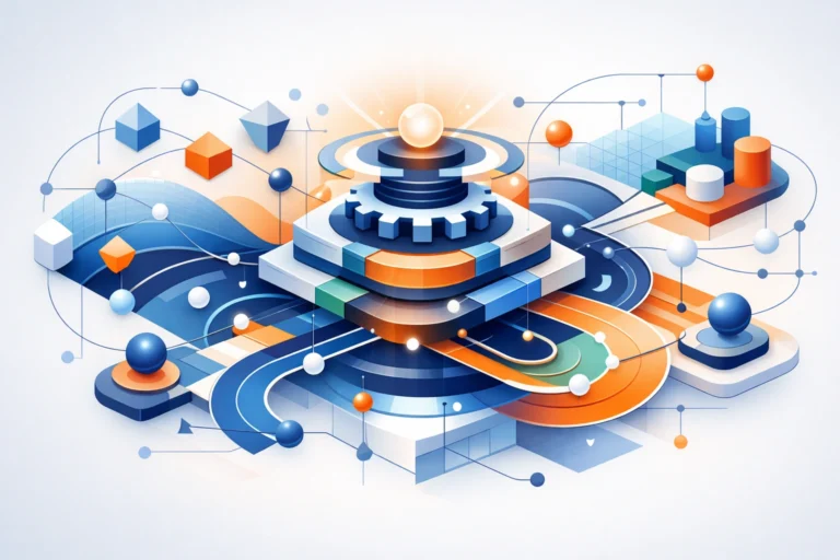 Abstract 2D illustration of a central interconnected system with geometric shapes and flowing paths on a light background.