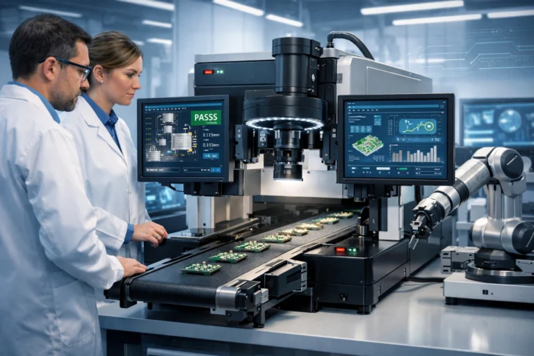 Engineers using automated optical inspection system to examine printed circuit boards on conveyor.