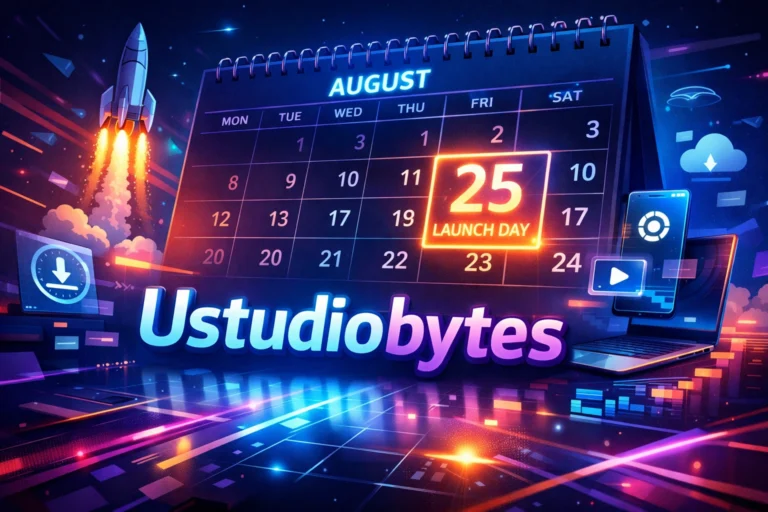 Illustration of an August calendar marking the 25th as Ustudiobytes launch day plus rocket liftoff.