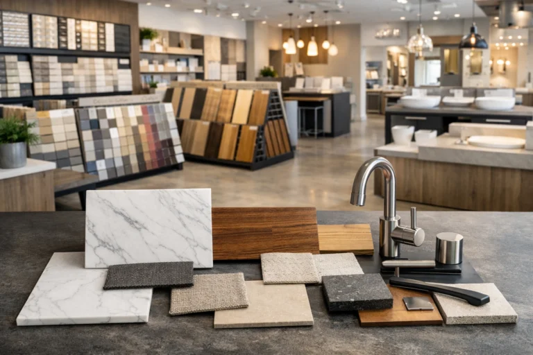 Modern home renovation showroom with tile, wood, fabric samples and fixtures displayed on a central table.