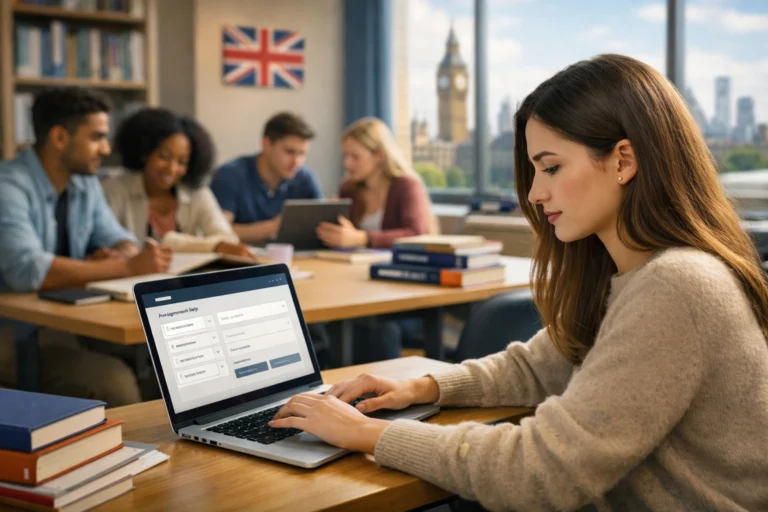 UK university students studying in a bright library, with a focused student using online coursework help on a laptop.