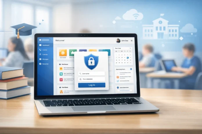 Alfafundacion Schoology School Portal Access Laptop displaying secure school portal login dashboard in modern classroom setting.