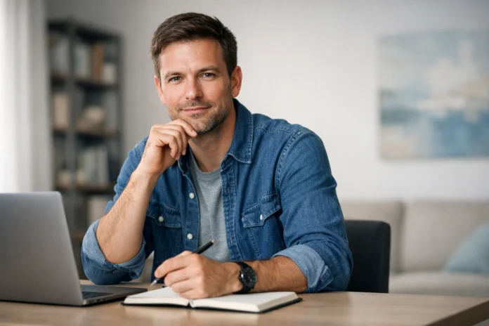 Thoughtful male author at a minimalist desk with laptop and notebook in a softly lit home office zen.