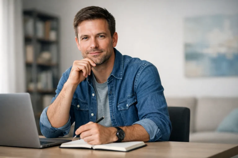 Thoughtful male author at a minimalist desk with laptop and notebook in a softly lit home office zen.