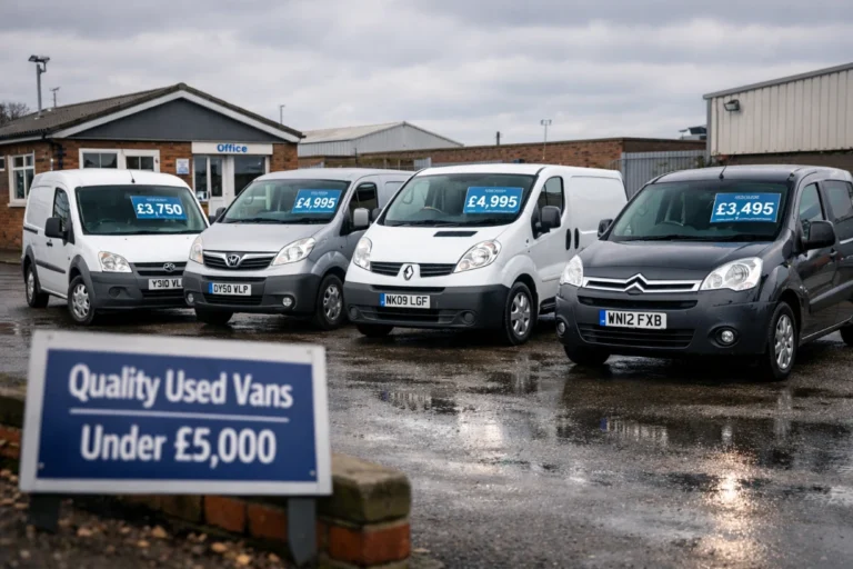 Used vans under £5,000 lined up at a local UK dealership on a cloudy day.