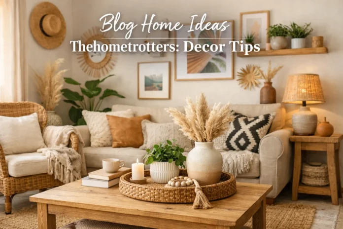 Cozy boho living room with neutral tones, woven decor, plants, and warm natural light for home styling ideas.