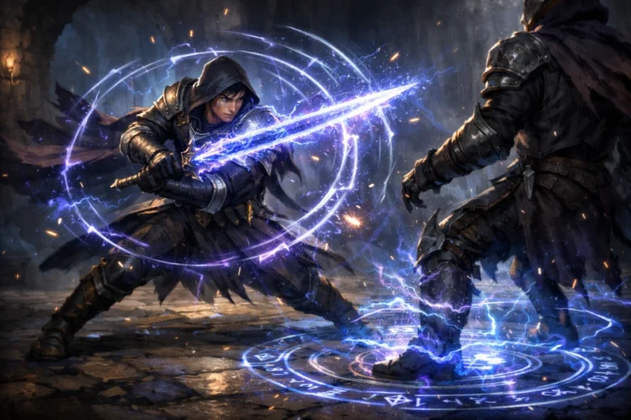 Warrior-mage strikes a foe with Booming Blade, blue thunder magic rippling across a dark dungeon floor.