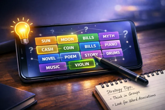 Connections Hint Today Forbes Solved Puzzle Tips Word puzzle app on smartphone with stylus, glowing hint bulb, and strategy notes on desk.