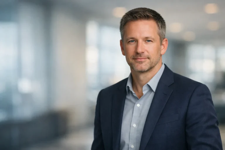 Professional portrait of Corey Bellew in a navy blazer, softly lit against an office background.