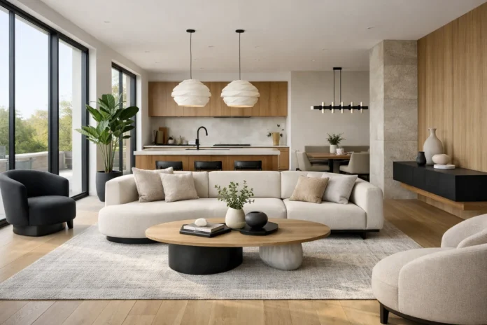 Sunlit modern open-plan living room with neutral tones, wood accents, furniture and large windows.