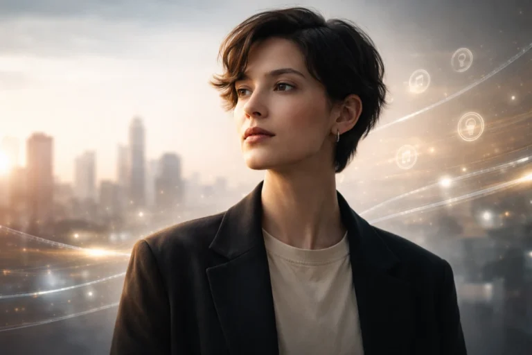 Cinematic portrait of an enigmatic public figure gazing ahead with a blurred city skyline and abstract light trails.