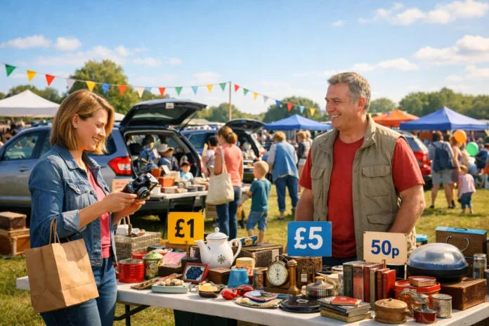 Find A Weekend Car Boot Sale Near Me For Bargains Sunny weekend car boot sale with shoppers browsing bargain tables and open car trunks.