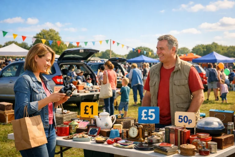 Sunny weekend car boot sale with shoppers browsing bargain tables and open car trunks.