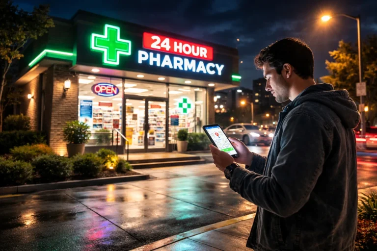 Person checking phone outside bright 24 hour pharmacy on a wet city street at night.